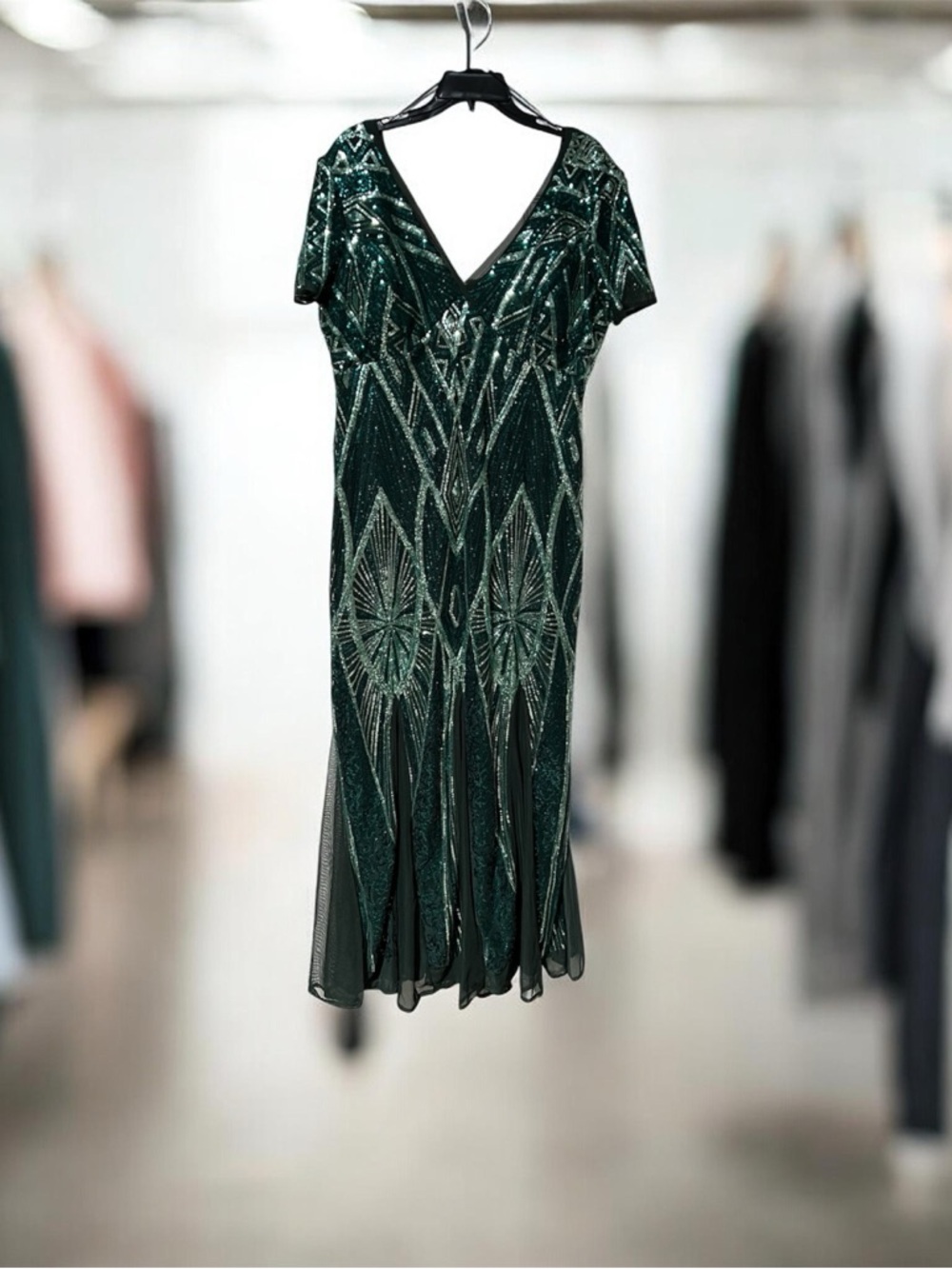 R & M Richards Deep Emerald Sequin Beaded V-Neck Full Length Dress